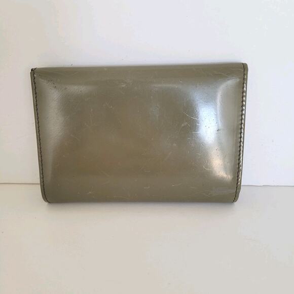 Furla Italian Trifold Wallet Medium Patent Leather Olive Green Compact Logo - Picture 2 of 14